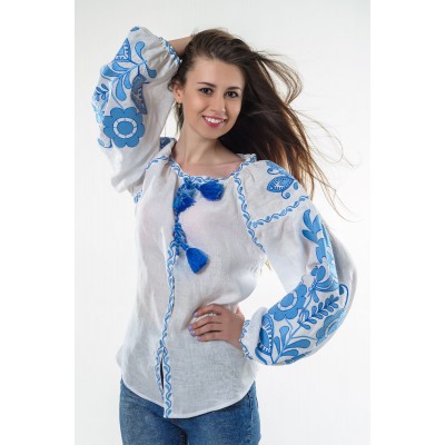 Boho Style Ukrainian Embroidered Folk  Blouse "Boho Flowers" blue on white